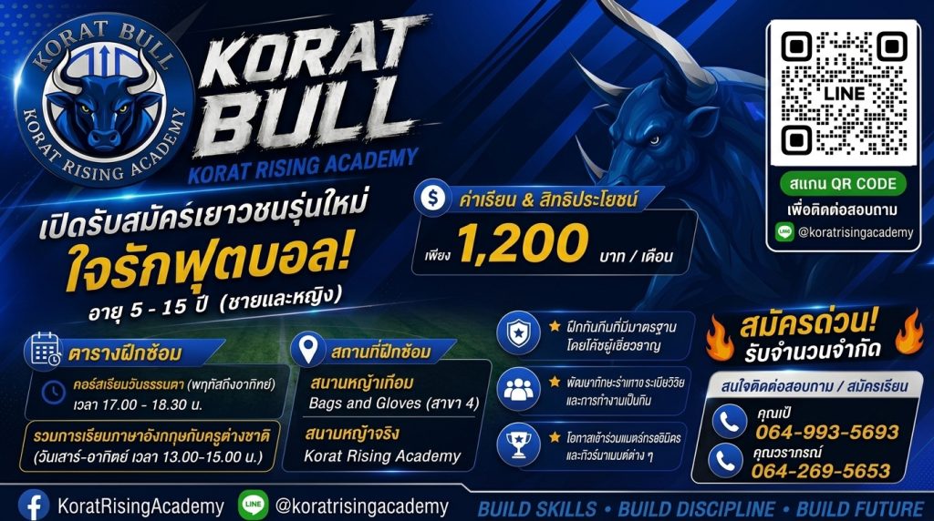 เด็กอายุ 5-15 ปี ฝึกซ้อมฟุตบอลกับโค้ช Korat Bull โคราช